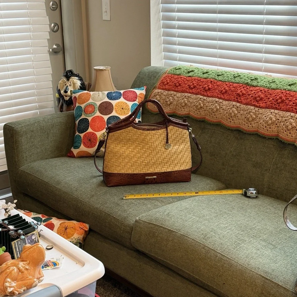 Brahmin Straw Raffia & Melbourne Embossed Leather Satchel Tote Brown Croc - Picture 2 of 13
